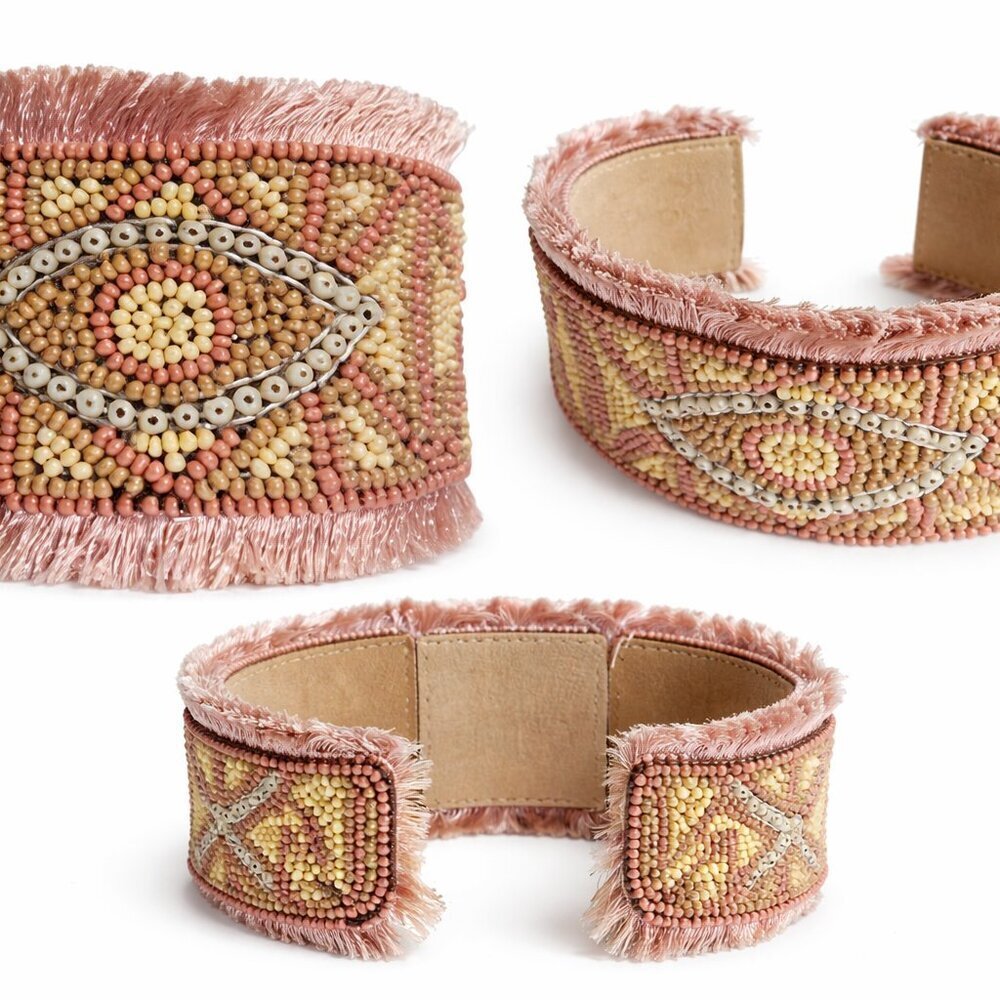 Gorgeous Pink & Tan Beaded Evil Eye Two Inch Cuff - Pristine Condition - Picture 8 of 8